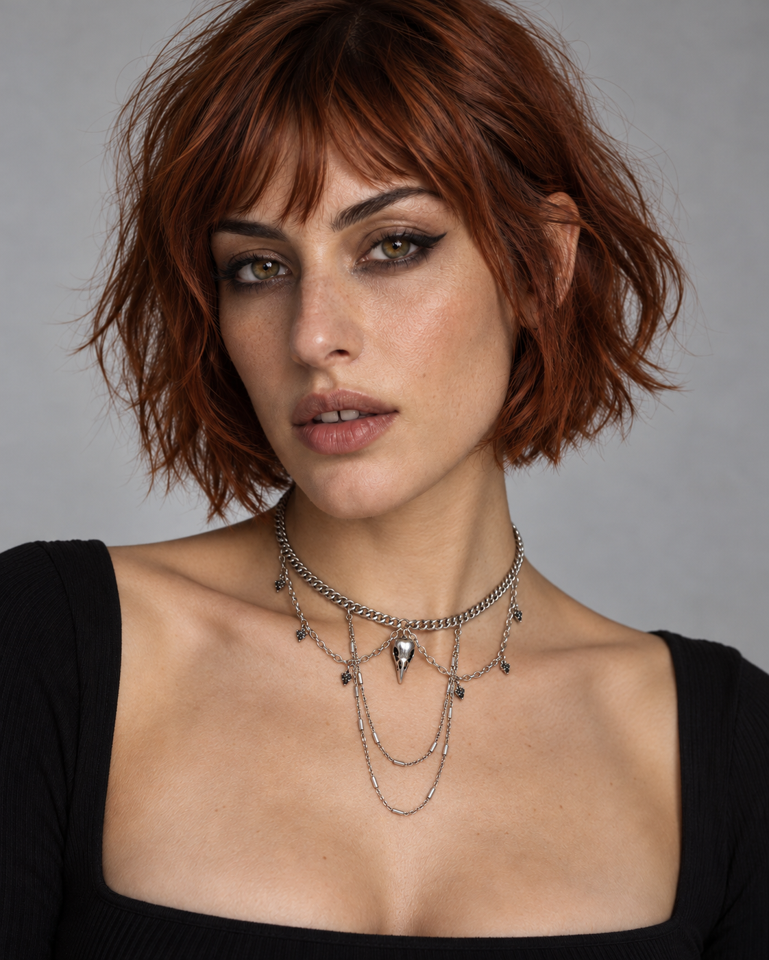 Corvus Layered Chain Necklace — worn by an adult AI model