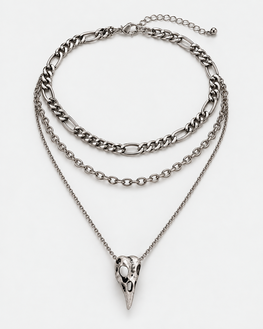 Corvus Bird Skull Layered Necklace