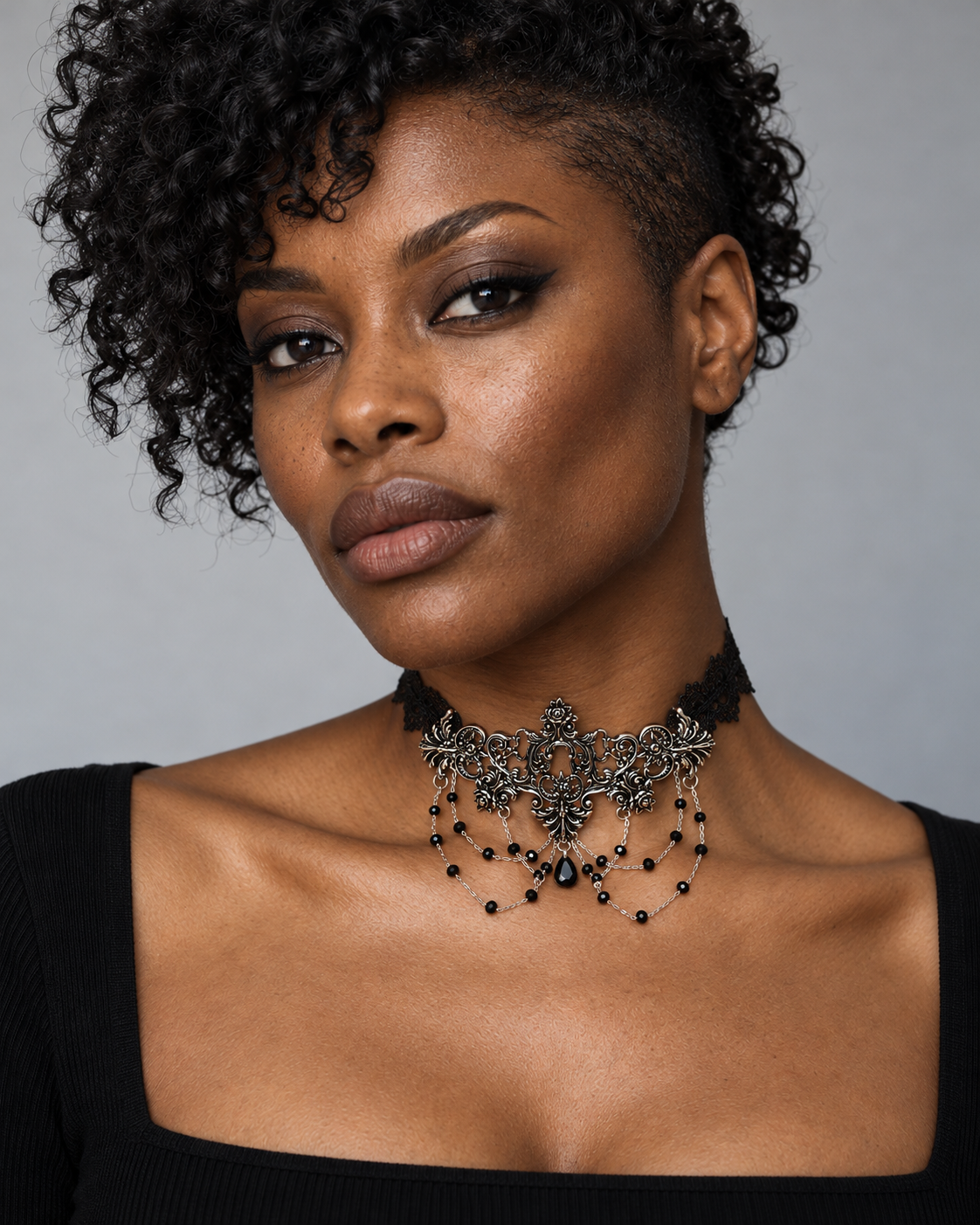 Evara Ornate Lace Choker — worn by an adult AI model