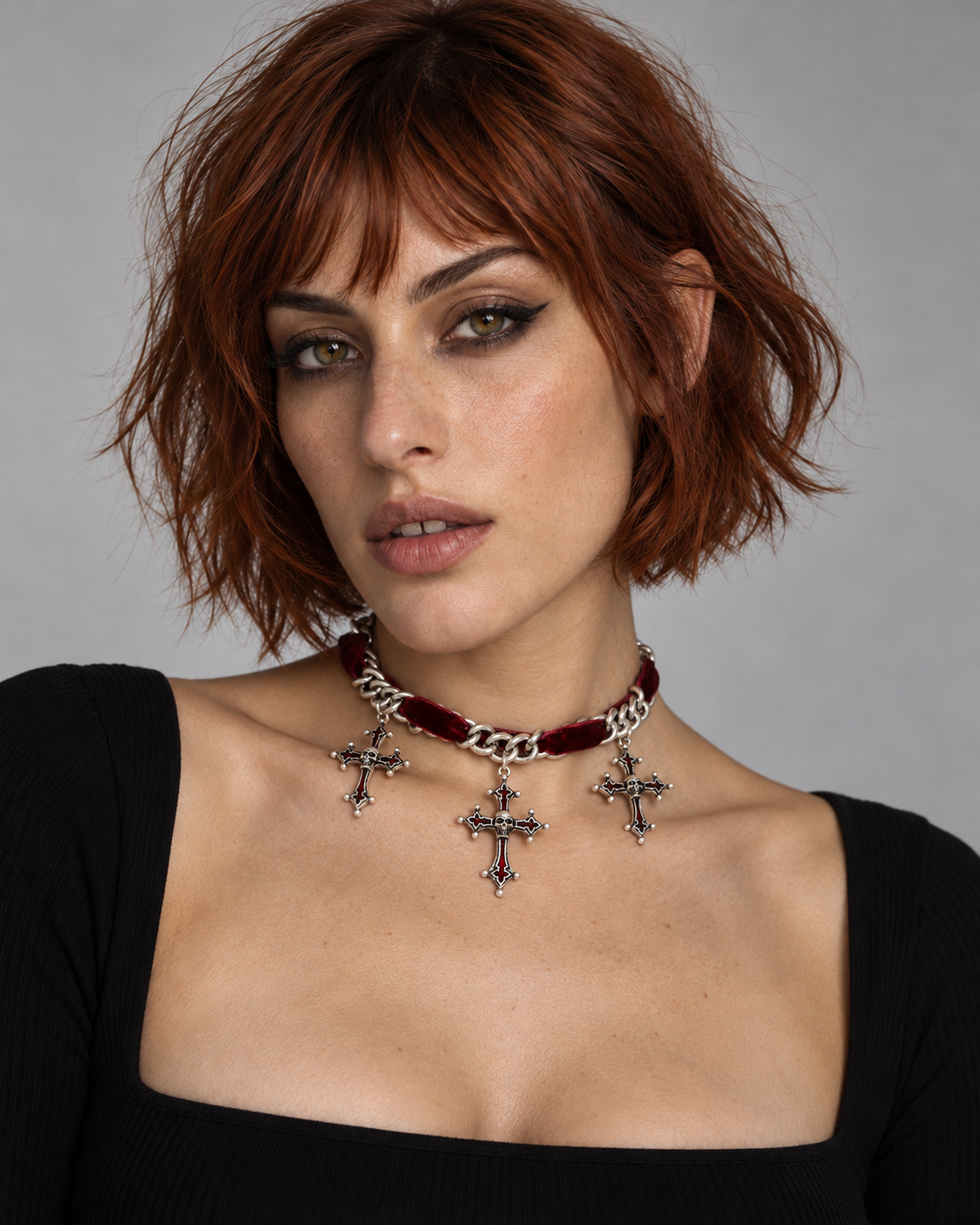 Vaelis Cross Ribbon Chain Necklace — worn by an adult AI model