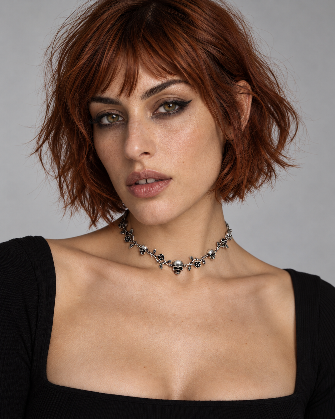 Sezora Rose Skull Choker — worn by an adult AI model