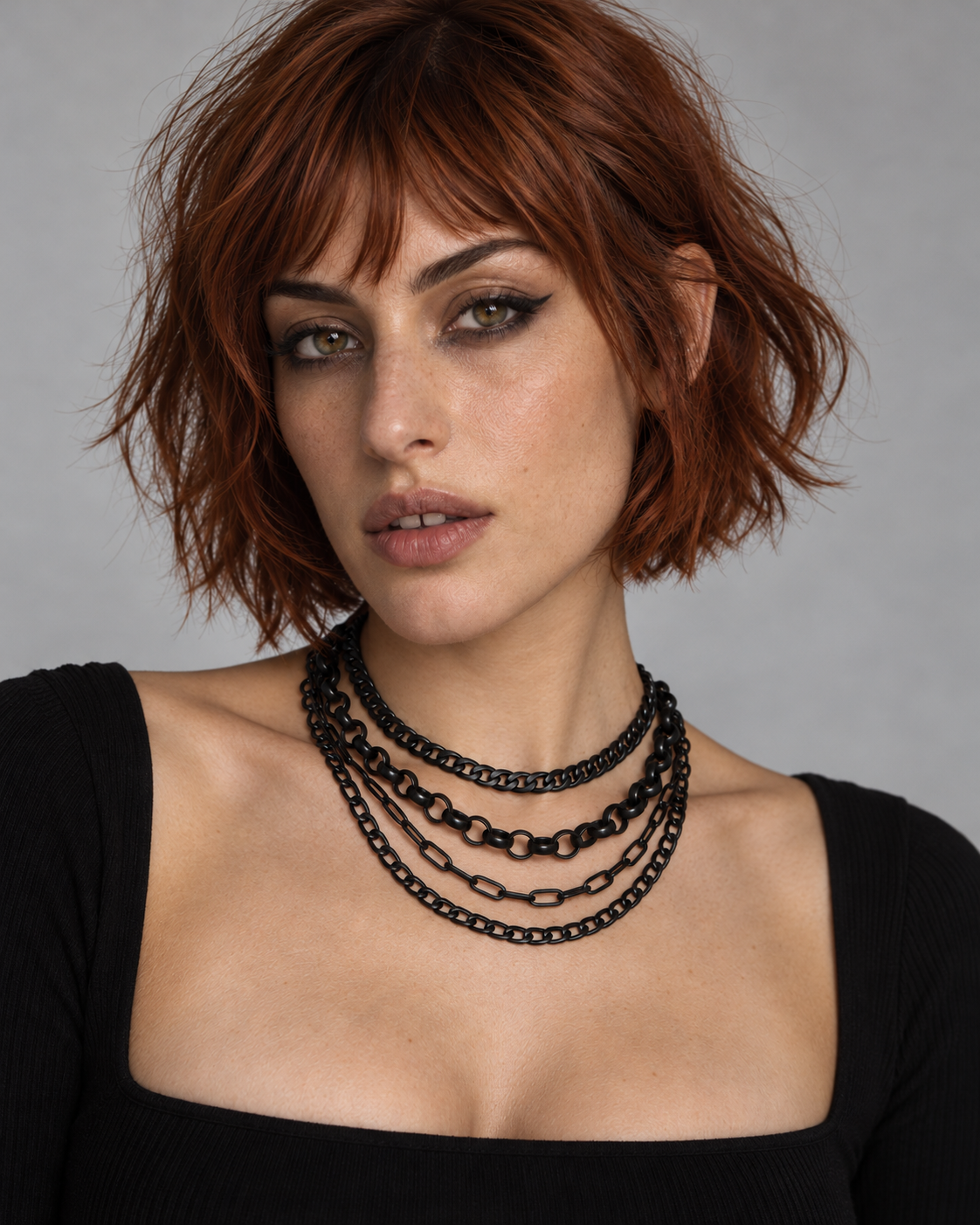 Chorx Layered Jet Chain Necklace — worn by an adult AI model
