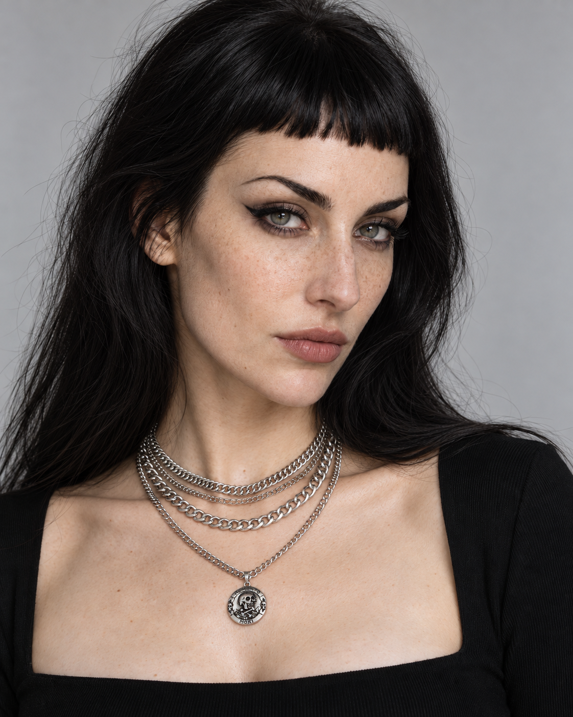 Memento Mori Layered Chain Necklace — worn by an adult AI model