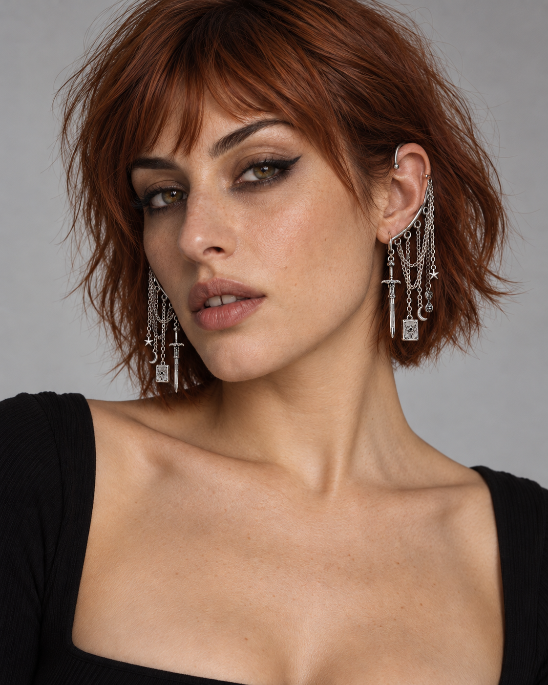 Eldun Sword Chain Ear Cuff — worn by an adult AI model