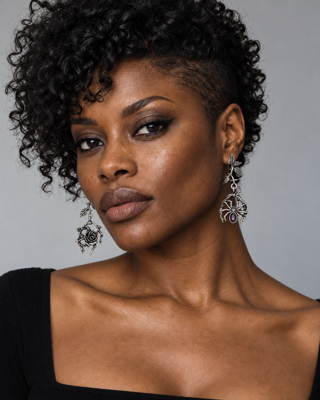 Rosethorn Widow Drop Earrings — worn by an adult AI model