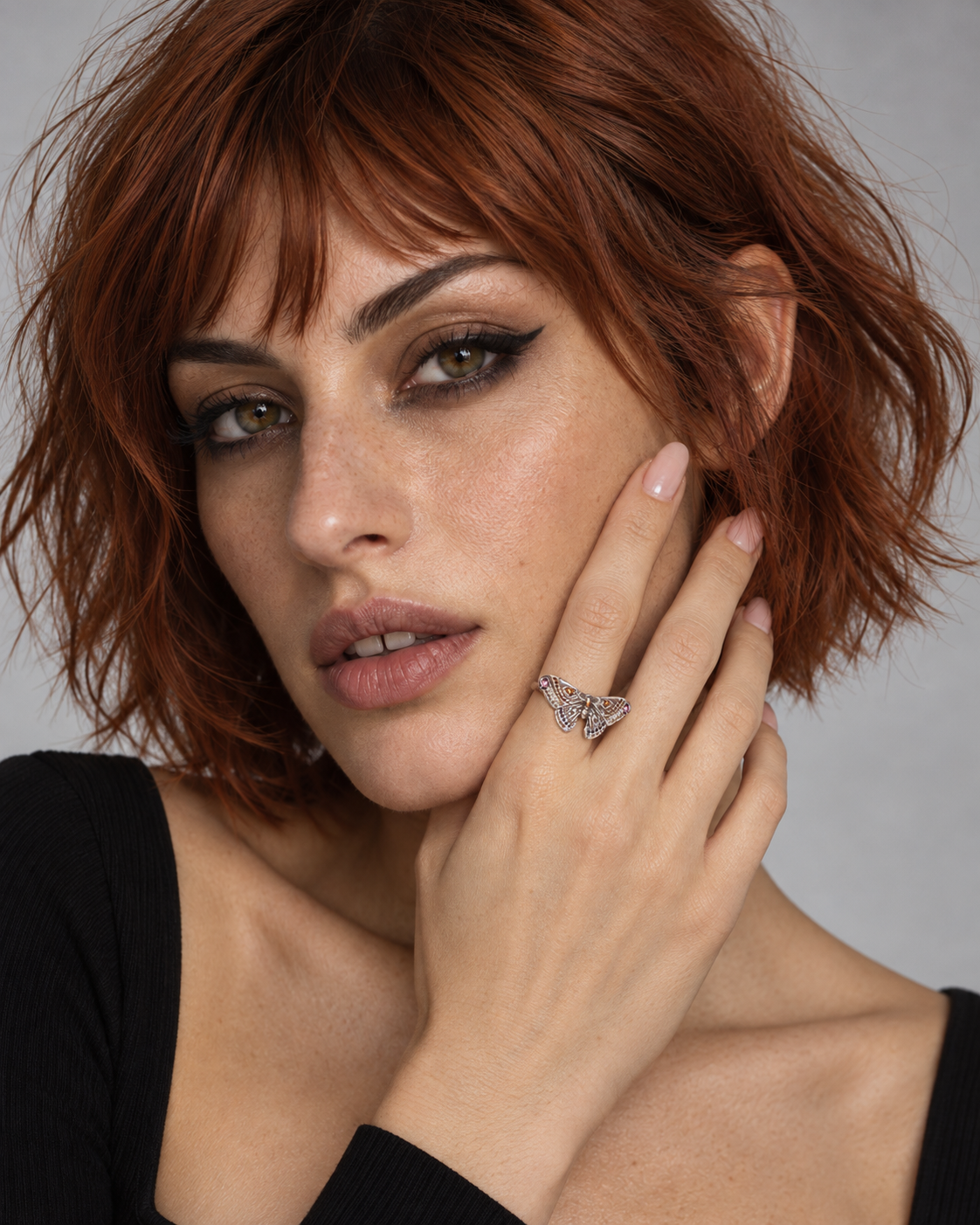 Cyrus Moth Ring — worn by an adult AI model