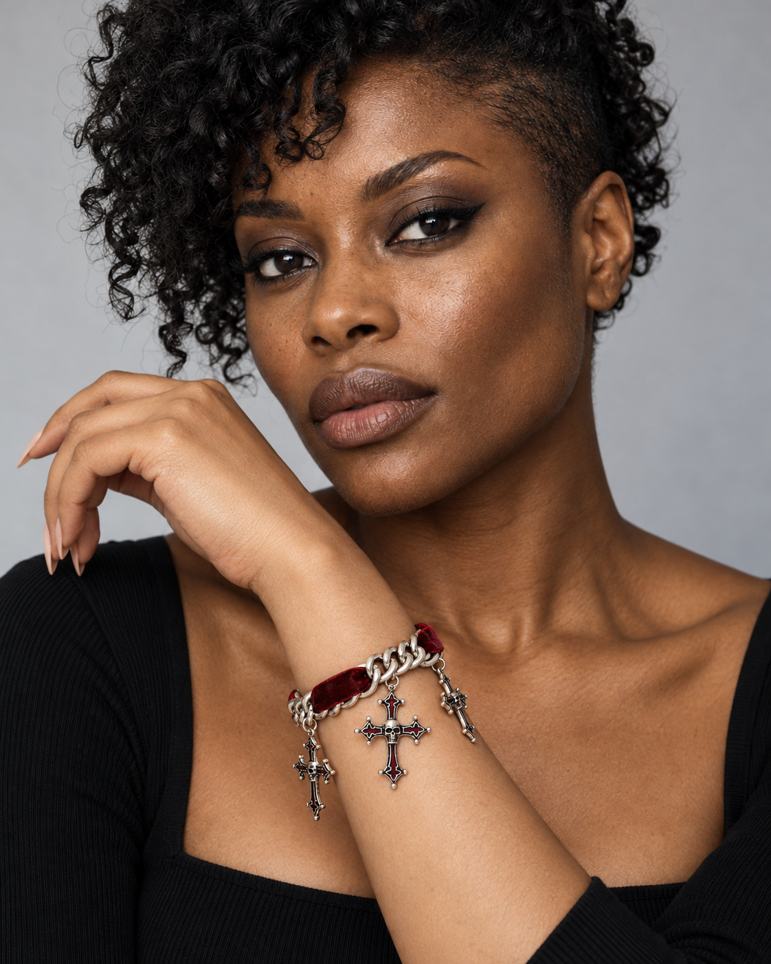 Vaelis Cross Ribbon Chain Bracelet — worn by an adult AI model