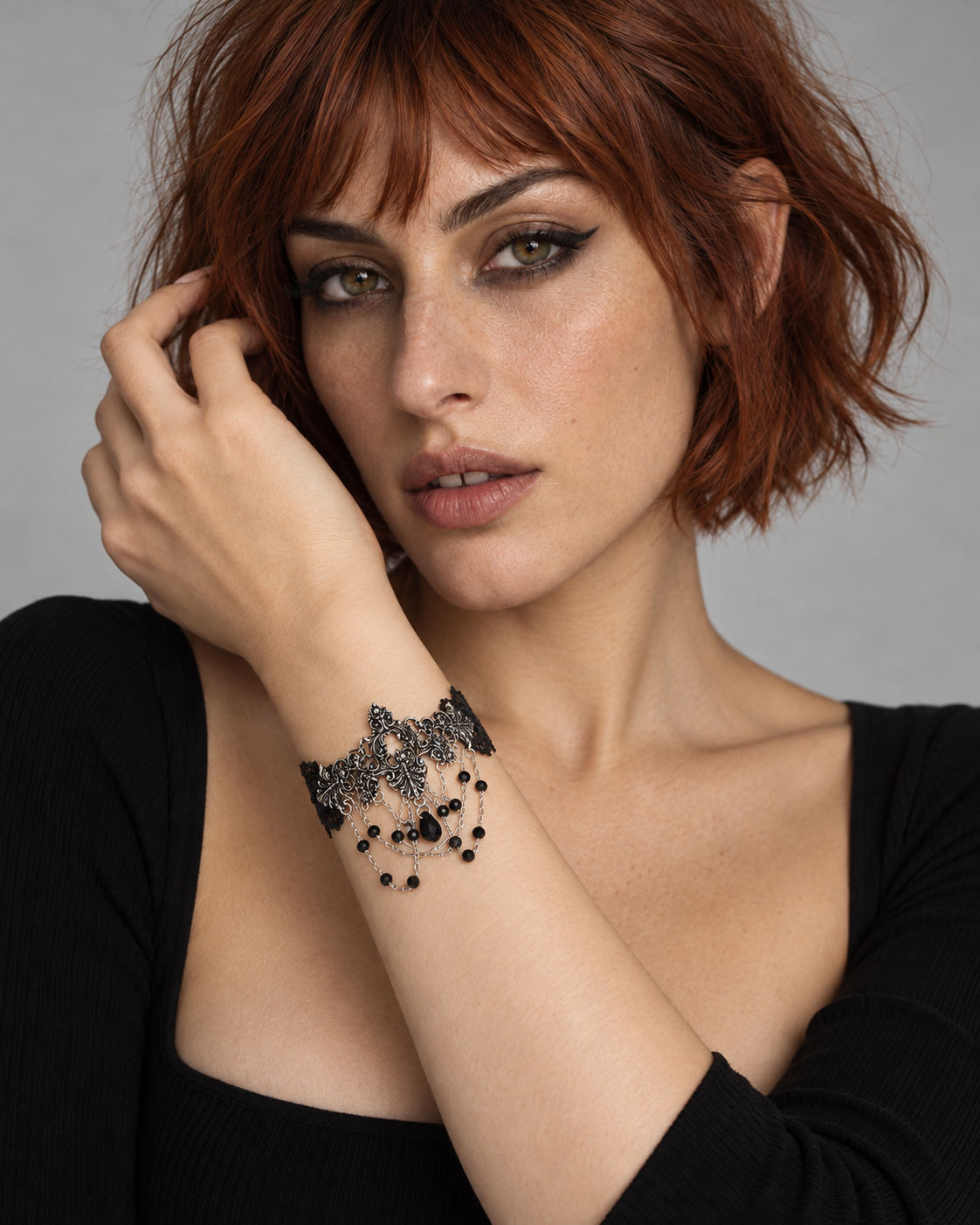 Evara Ornate Lace Bracelet — worn by an adult AI model