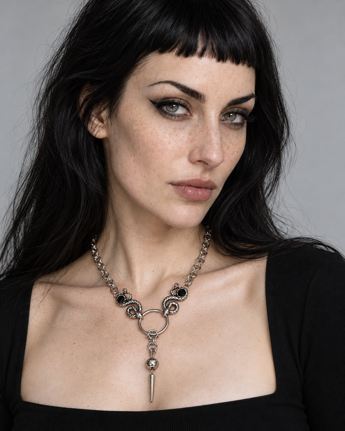 Marma Snake Spike Chain Necklace — worn by an adult AI model