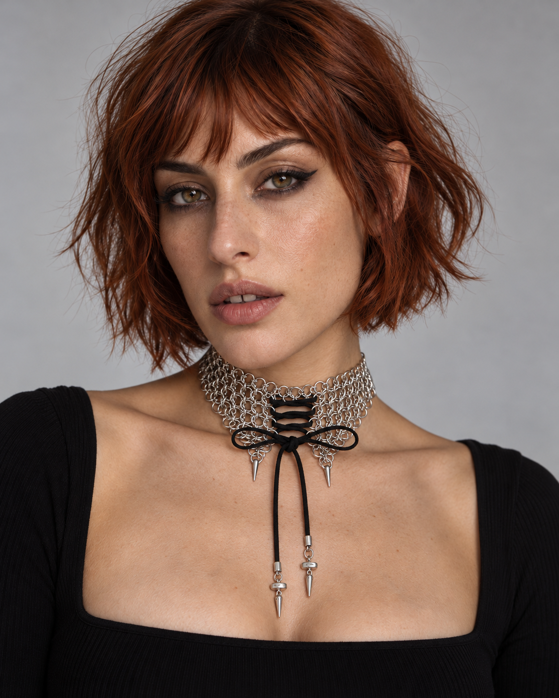 Revlex Chainmail Corset Necklace — worn by an adult AI model