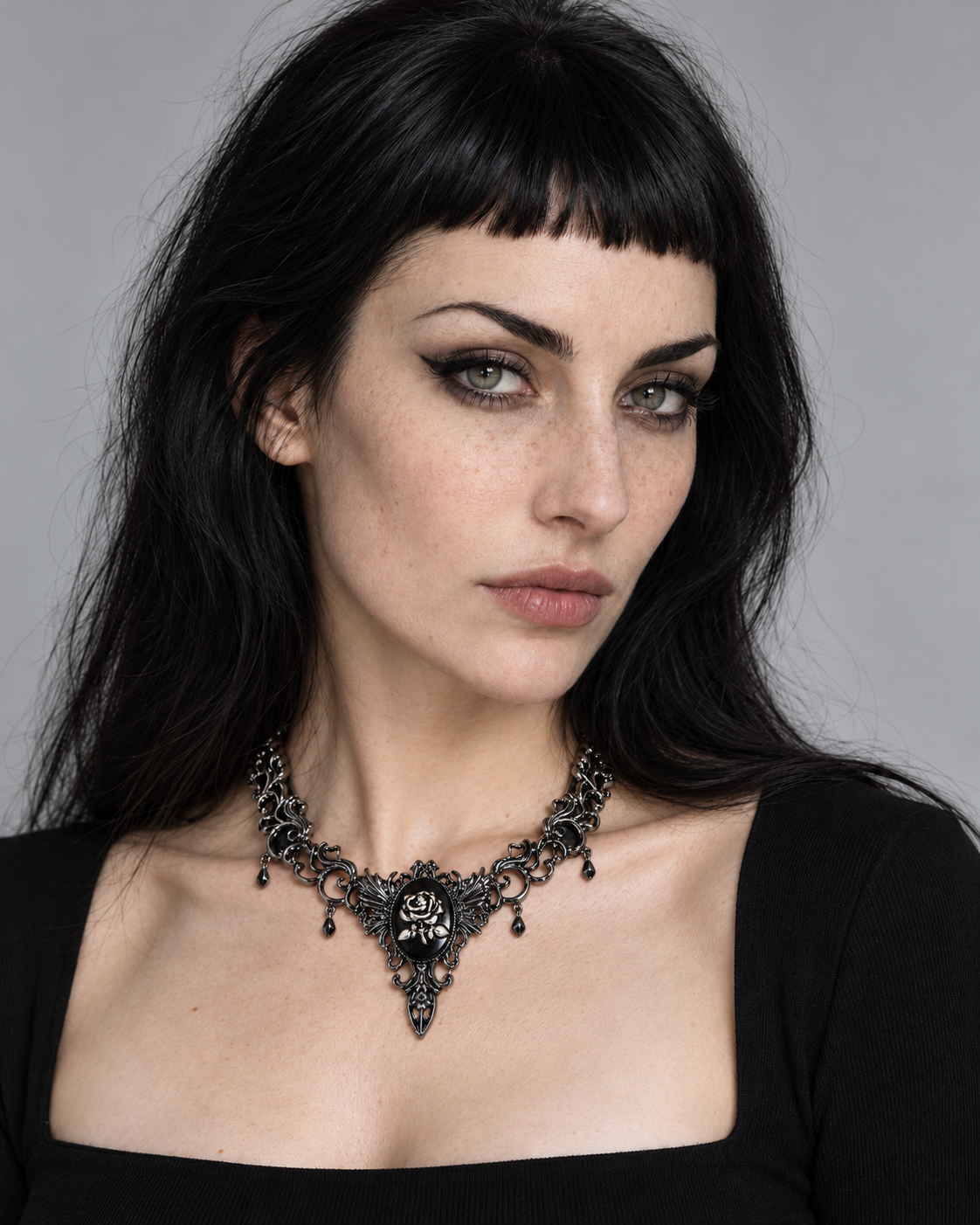 Velthra Rose Cameo Necklace — worn by an adult AI model