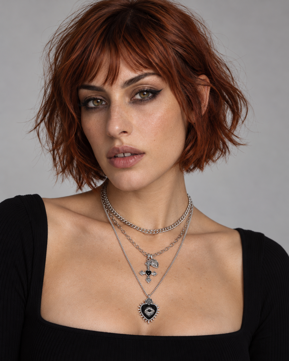 Amada Prickle Scared Heart Layered Necklace — worn by an adult AI model