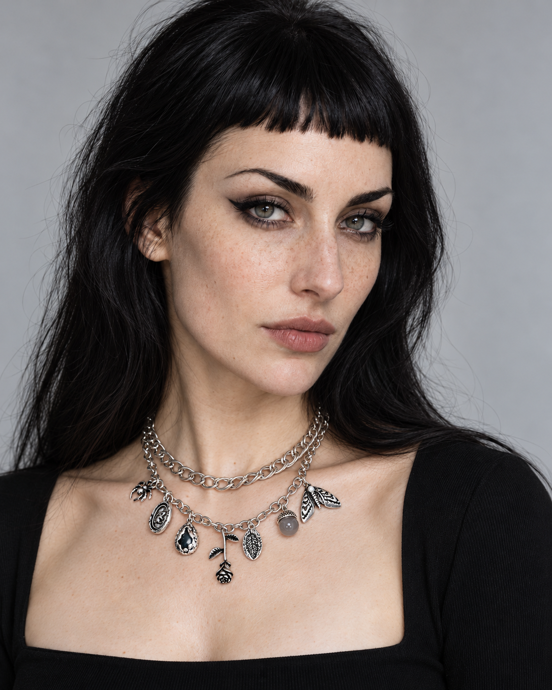 Draven Rat & Spider Charm Necklace worn by an adult Noctimoth model