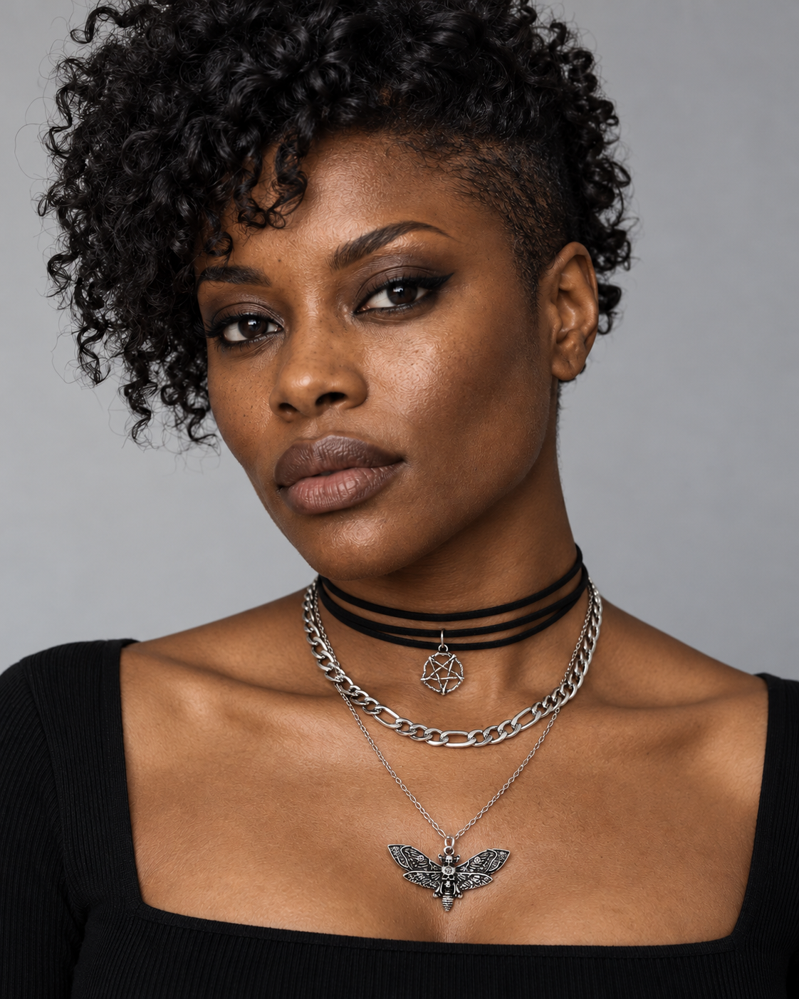 Mortmoth Layered Choker Necklace worn by an adult Noctimoth model