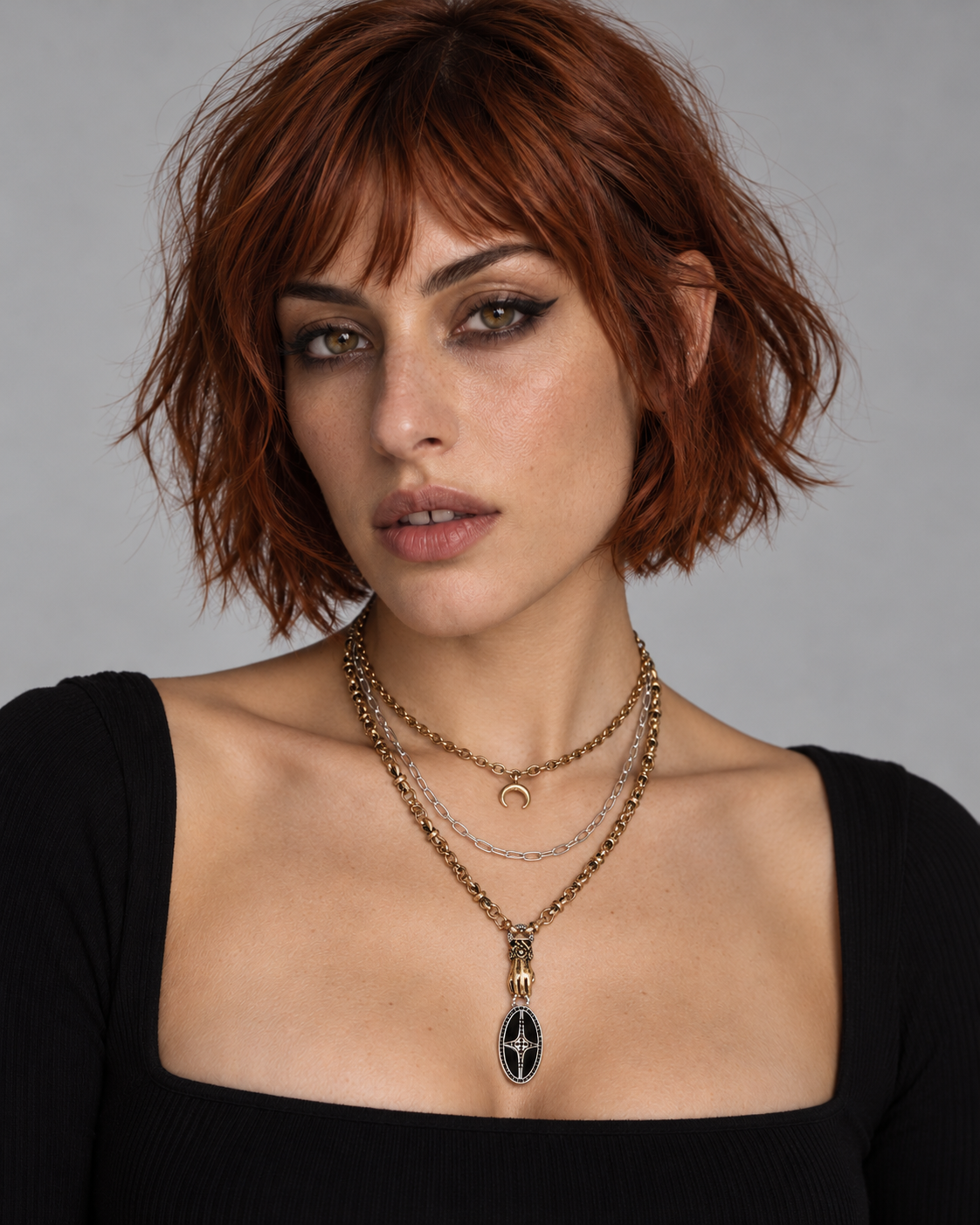 Lorena Hand Drop Necklace worn by an adult Noctimoth model