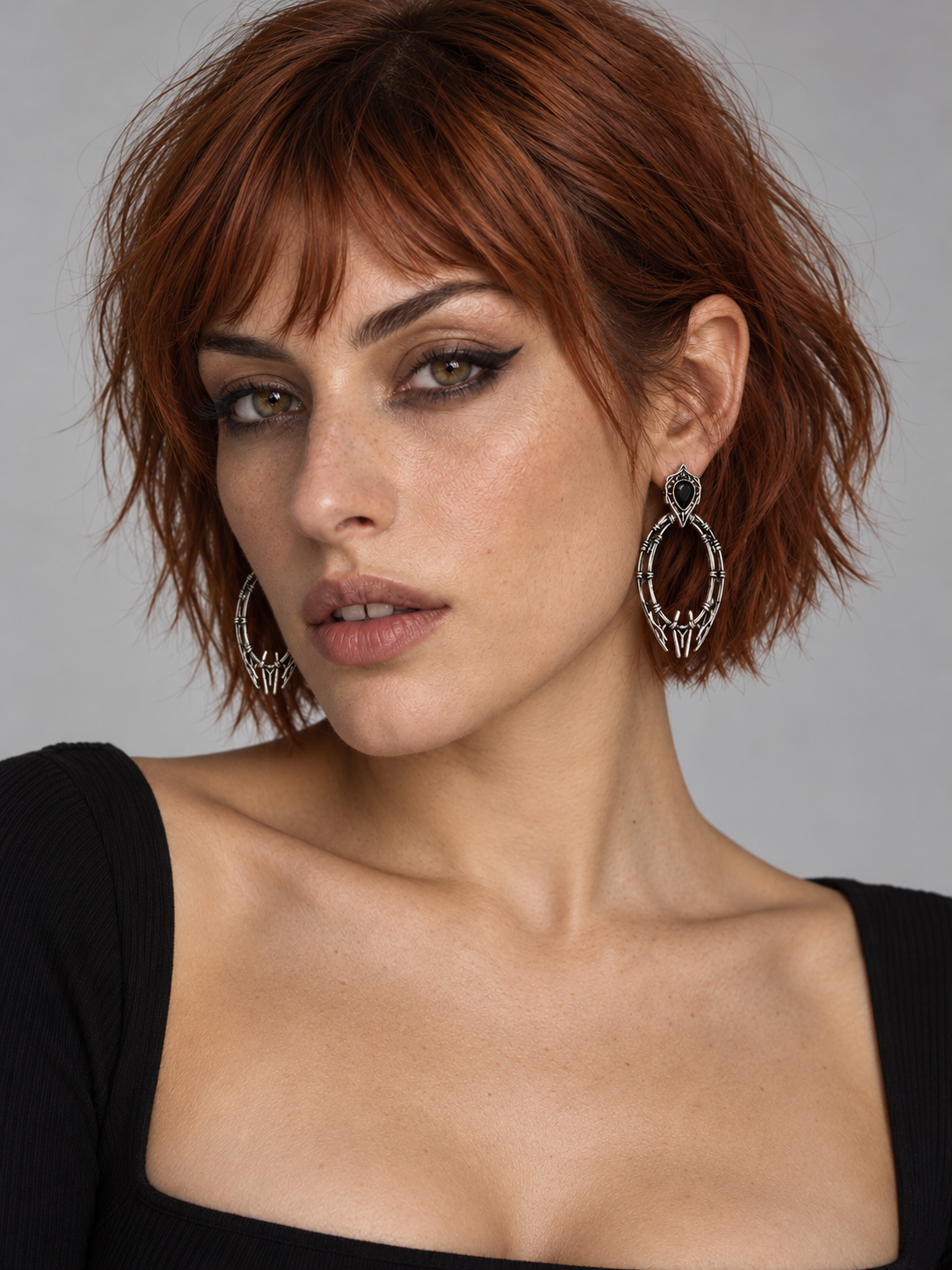 Gothique Stone Drop Earrings worn by an adult Noctimoth model