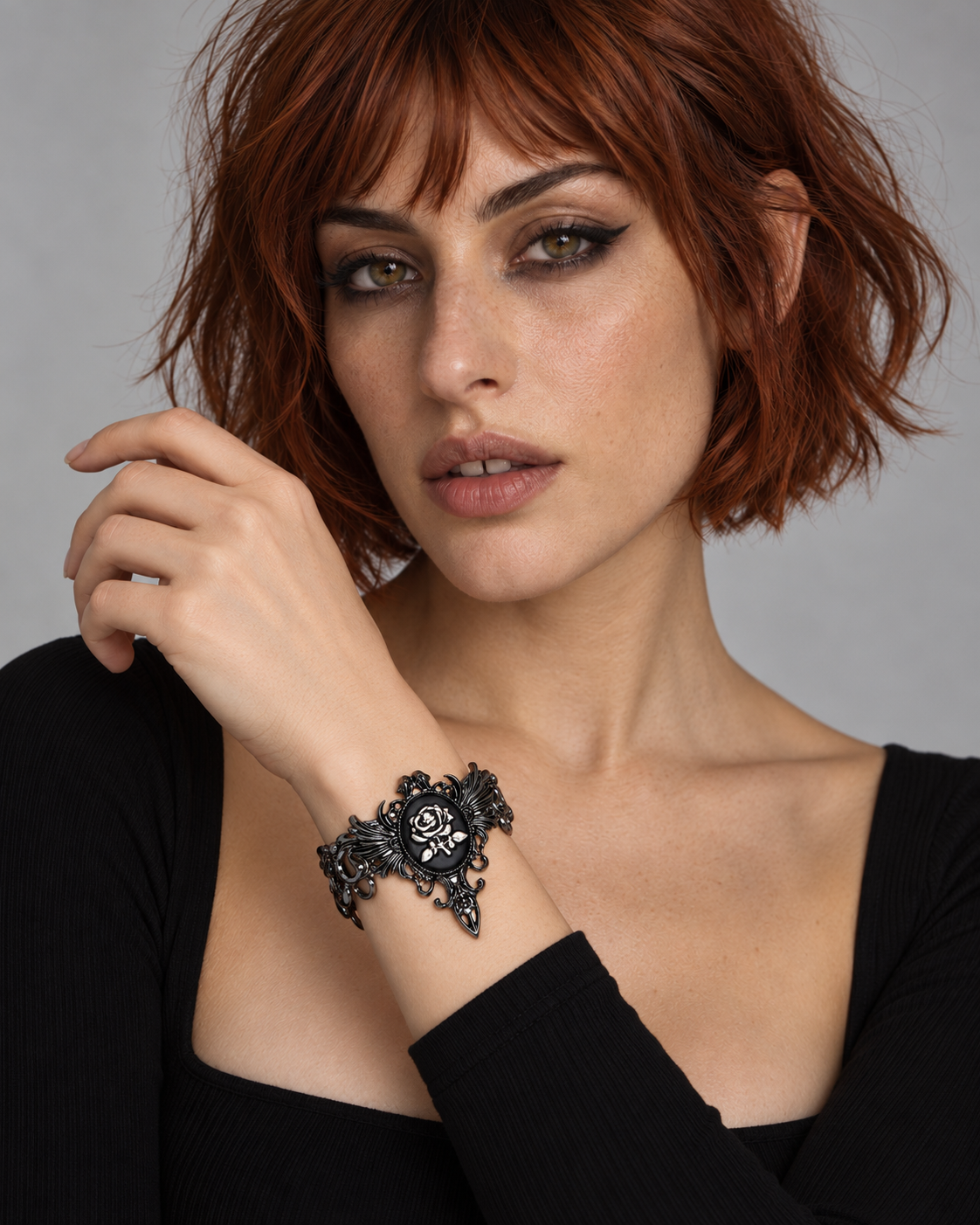 Velthra Rose Cameo Cuff worn by an adult Noctimoth model