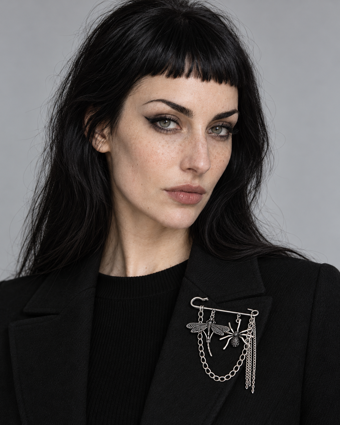 Viyna Spider Safety Pin Charm Brooch worn by an adult Noctimoth model